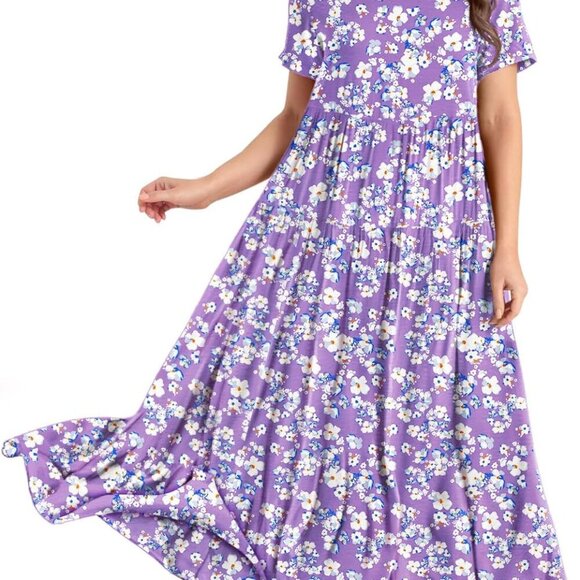 Women Casual Loose Bohemian Floral Dress with Pockets Short Sleeve Long Maxi Sum - Picture 1 of 4
